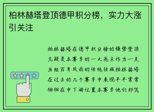 柏林赫塔登顶德甲积分榜，实力大涨引关注